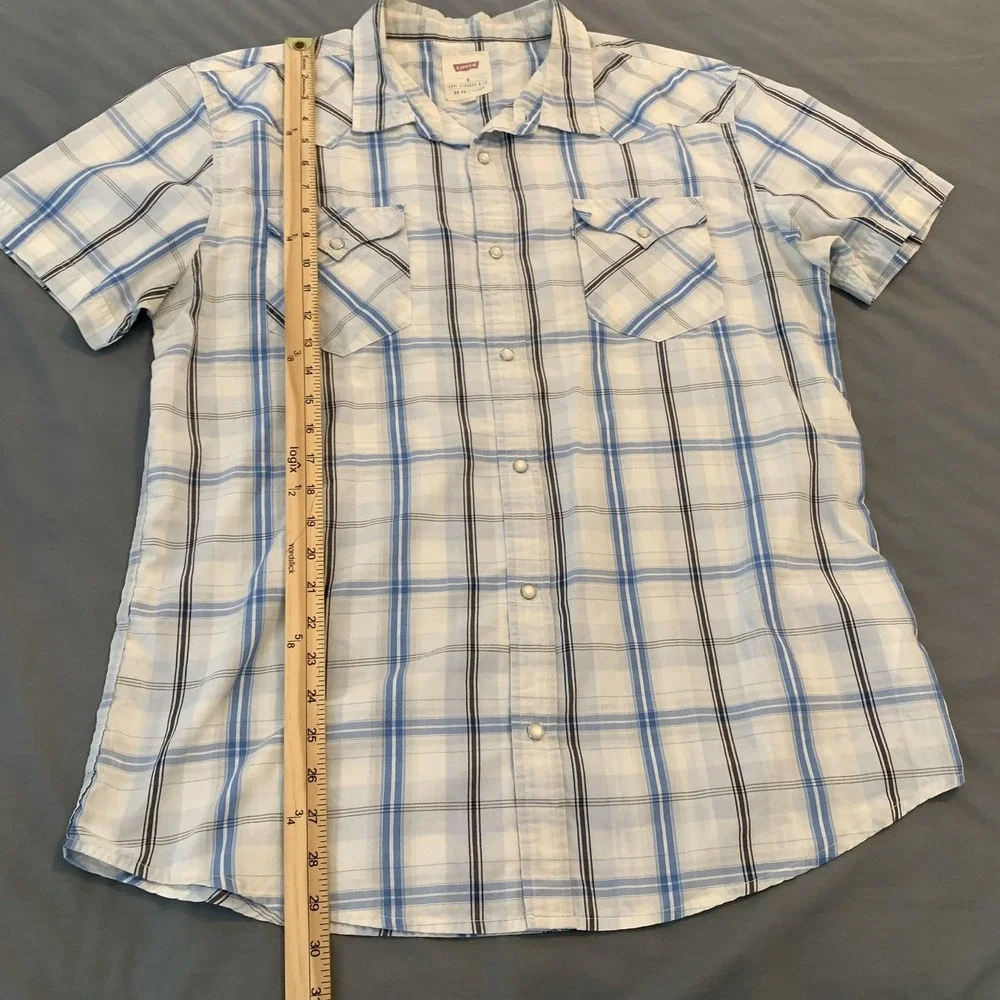 Levi's Western Shirt‎ Mens XL White Blue Plaid Short Sleeve Button Front Vintage